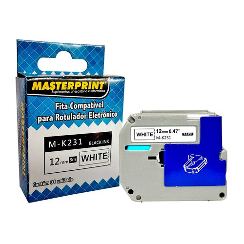 FITA COMPATIVEL ROTULADORA M-K231 12MM 8M PRETO/BRANCO MASTERPRINT